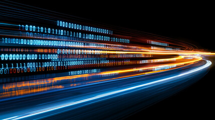 Digital Highway: A futuristic depiction of a virtual highway with streaks of light and binary code blurring in the distance, symbolizing the speed, connectivity, and constant evolution of technology.