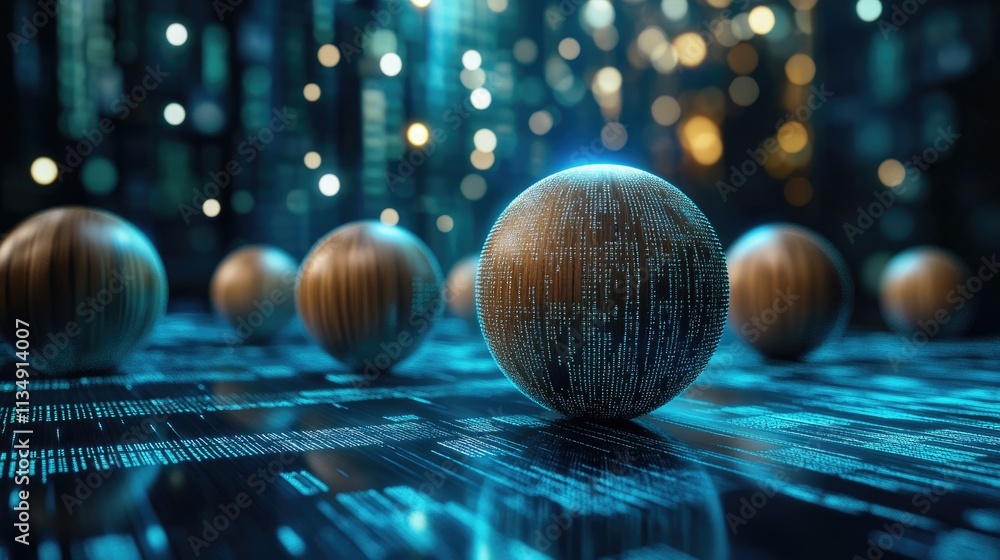 Aufkleber digital data storage concept with wooden spheres symbolizing network security and information manage
