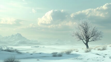 Obraz premium an expansive snowy plain under a pale winter sky, with distant mountains and a solitary tree standing tall.