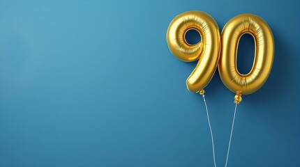 Two gold foil balloons in the shape of the number "90" against a blue background, often used to celebrate a 90th birthday or anniversary