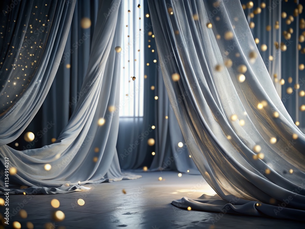 Poster elegant gray curtains with animated particles - high depth of field motion design for relaxing atmos