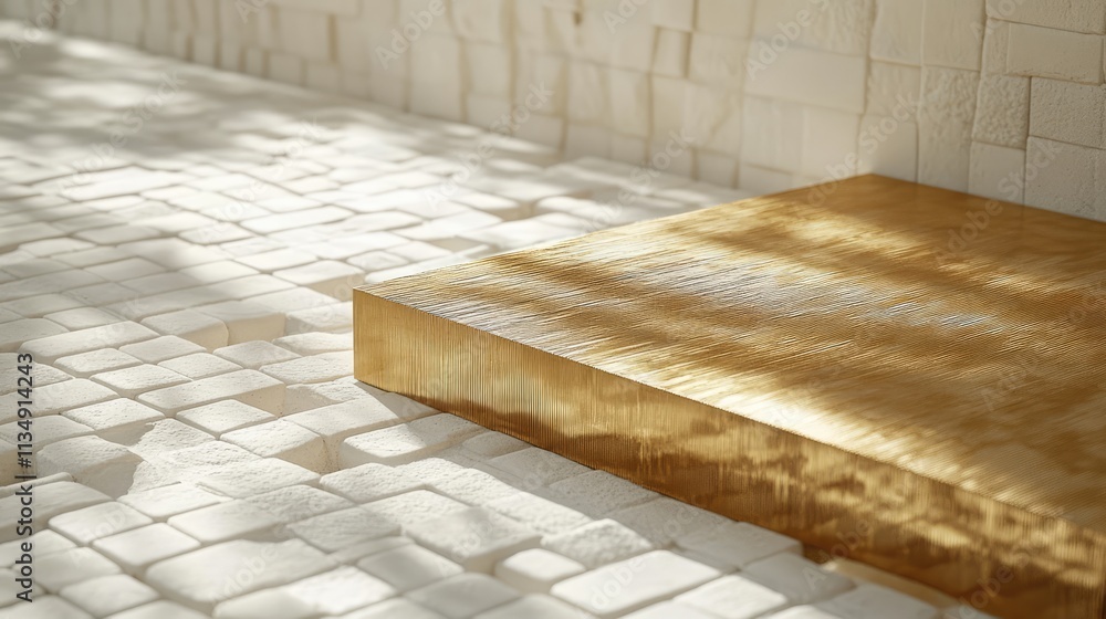 Poster gold plated teak platform on white aerated brick floor showcasing a unique 3d effect with textured l