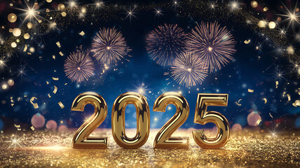 2025 New Year Celebration with Golden Numbers, Fireworks, and Festive Sparkling Lights on Blue Background