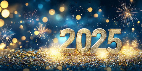 2025 New Year Celebration with Golden Numbers, Fireworks, and Festive Sparkling Lights on Blue Background