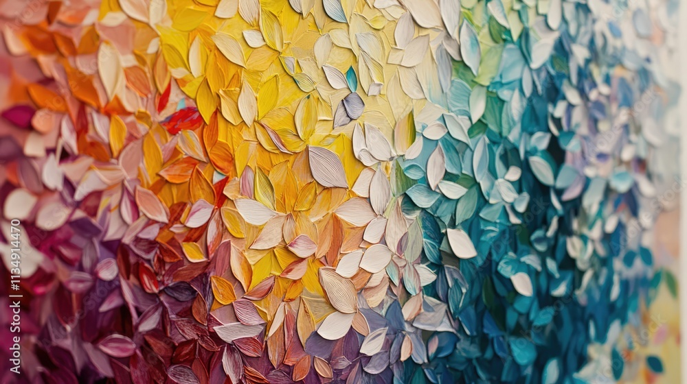Poster vibrant leaf patterns in gradient colors showcasing artistic textures on a white background for crea