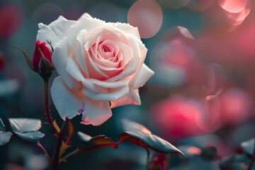 White Rose Blooming in Golden Sunset Light with Bokeh Background