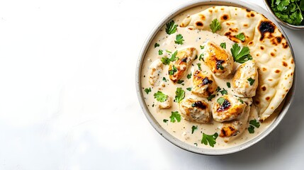 Delicious Indian Butter Chicken with Naan Bread Isolated on White
