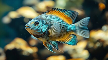 Obraz premium Regal Peacock Cichlid Swimming Amidst Iridescent Scales and Rocky Aquarium Terrain