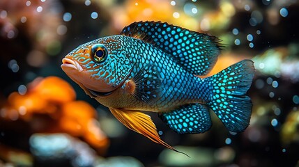 Obraz premium Iridescent Regal Peacock Cichlid Swimming in Aquarium with Rocky Terrain
