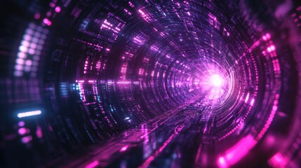Fototapeta premium Futuristic electronic circuit technology tunnel with vibrant pink and blue lights depicting advanced sci-fi abstraction and energy flow.