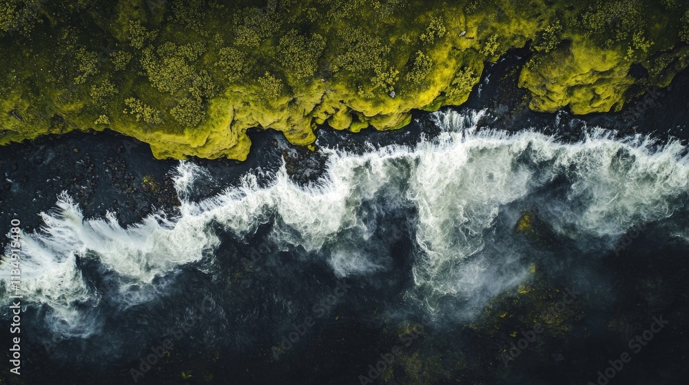 Poster a top-down perspective of a river rushing through a rugged, moss-covered landscape. the sharp contra