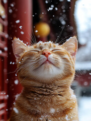 Playful ginger cat enjoying snowfall with eyes closed, surrounded by festive red tones.