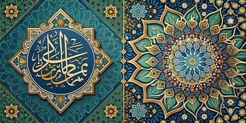 Elegant Islamic Art Design for Greeting Cards Featuring Intricate Patterns and Calligraphy with Ample Copy Space for Personalized Messages and Celebratory Wishes