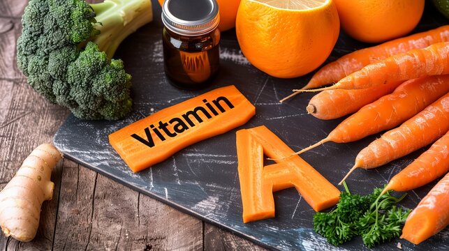 A vibrant display of fresh vegetables and fruits, showcasing carrots and oranges, emphasizing Vitamin A for a healthy lifestyle.