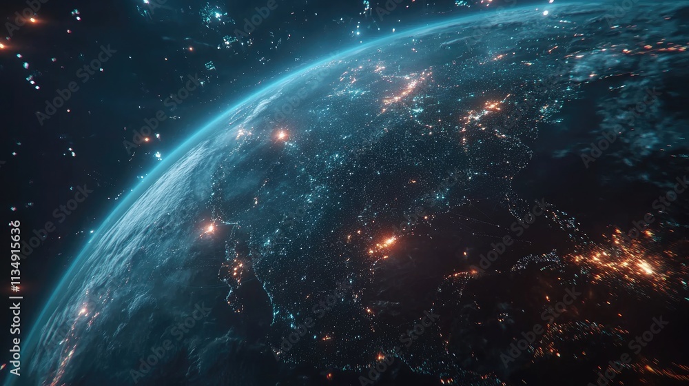 Poster global network connectivity concept futuristic earth representation with ai powered communication te
