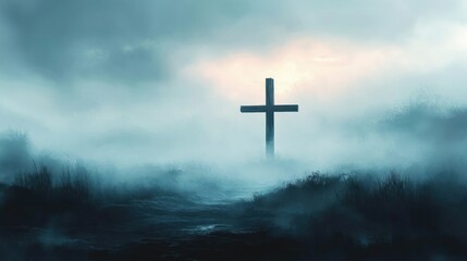 Fototapeta premium Misty Landscape with Cross Symbolizing Faith and Spirituality