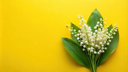 Delicate White Lily of the Valley Flowers Blooming with Lush Green Leaves on a Vibrant Yellow Background