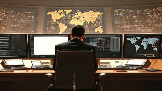 CIA Agent Monitoring Control Room with Multiple Screens