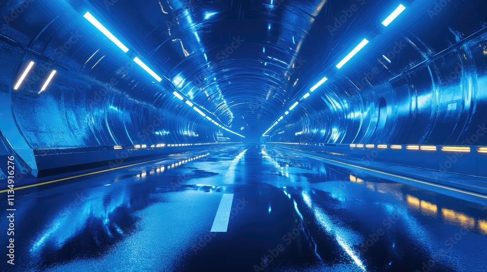 Poster illuminated futuristic tunnel with blue lighting and wet asphalt reflecting light creating a mysteri