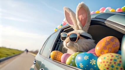  Easter bunny wearing sunglasses driving a car filled with colorful easter eggs, embarking on a spring adventure