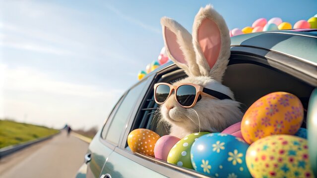  Easter bunny wearing sunglasses driving a car filled with colorful easter eggs, embarking on a spring adventure