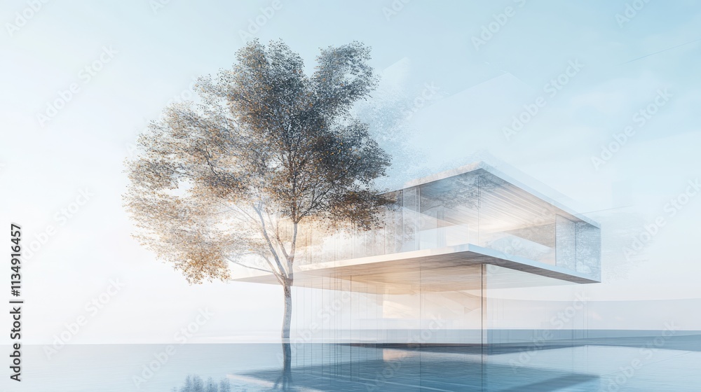 Poster modern architecture and nature blend in an ethereal double exposure showcasing harmony between tree 