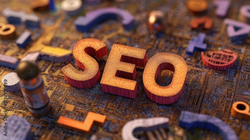Poster seo strategies for entrepreneurs featuring textural representation of seo with colorful elements in 