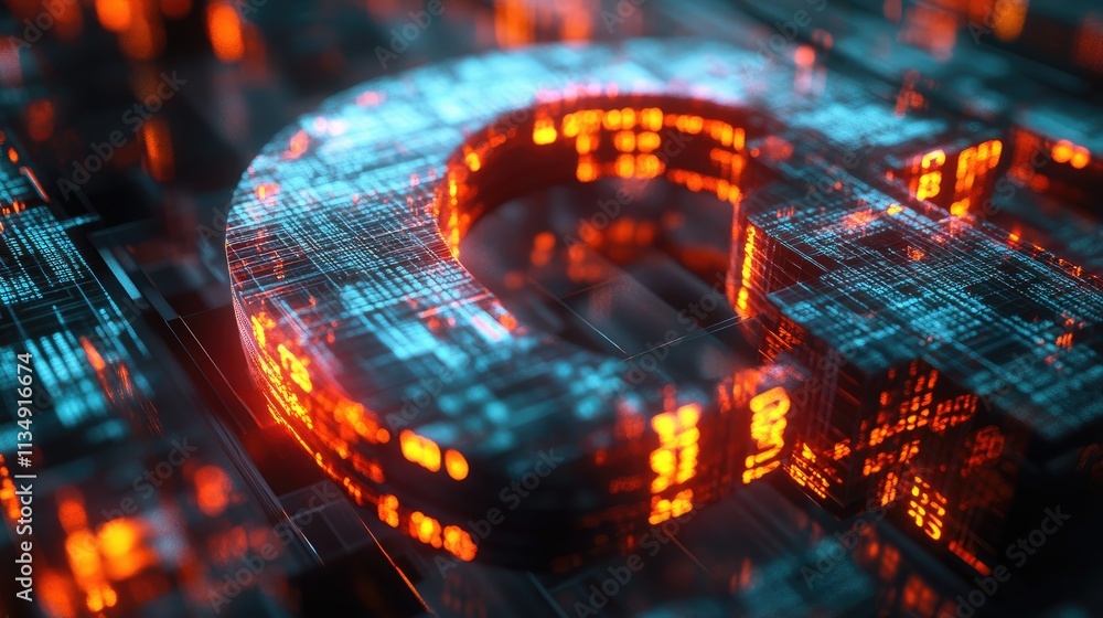 Poster 3d digital rendering of a glowing paragraph symbol with neon circuits in a futuristic technology set