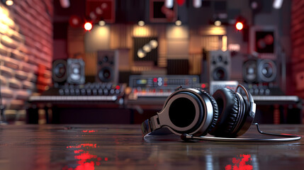 Studio Ready: A pair of sleek headphones rest on a wooden table in a professional music studio, with the control panel and speakers blurred in the background. The scene evokes creativity, inspiration.