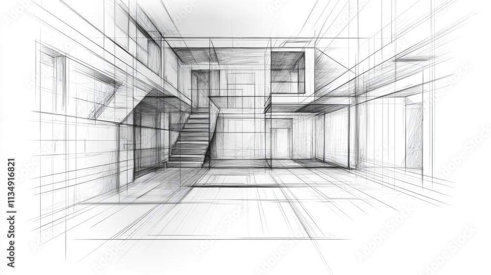 Poster interior design sketch showcasing architectural wireframe layout for user experience and brainstormi