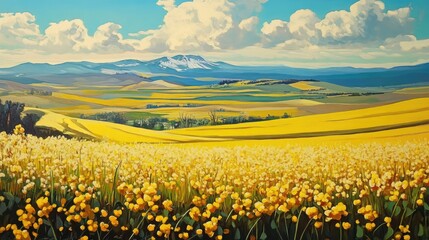 Fototapeta premium Vibrant canola fields under a blue sky with mountains in the distance showcasing agricultural beauty and rural landscapes.