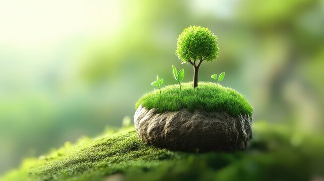 Sustainable low carbon environment with lush greenery tree growing on mossy island symbolizing eco-friendly energy and environmental protection