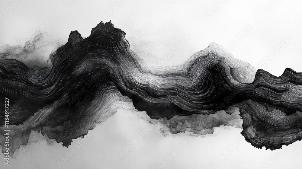 Poster dynamic black and white abstract artwork capturing the flow of energy through ethereal waves and tex