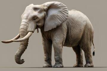 Fototapeta premium Highly detailed 3d rendering of an african elephant, showcasing its wrinkled skin, powerful tusks, and large ears, standing against a neutral background