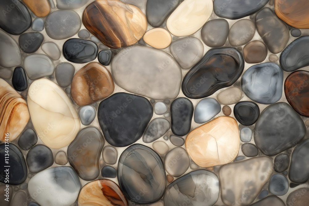 Poster polished riverbed rocks creating a beautiful mosaic with various colors and textures, perfect for ba