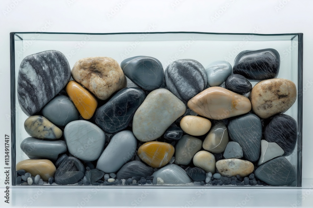 Poster colorful polished stones of various sizes and textures are displayed in a glass box, creating a visu