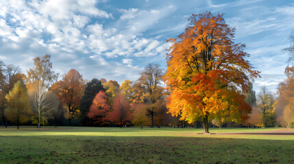 Naklejka premium Autumn Majesty: A solitary maple tree ablaze in vibrant hues of orange and gold stands out against a backdrop of autumnal foliage, bathed in the warm glow of the setting sun.