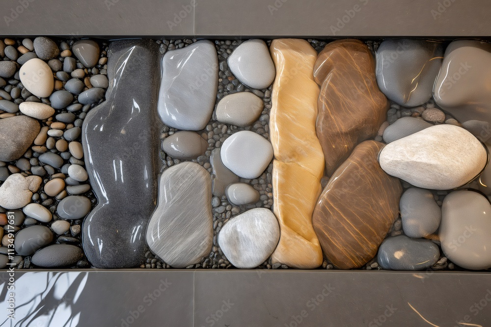 Poster polished riverbed rocks and stones of various colors and sizes are arranged in a rectangular frame, 