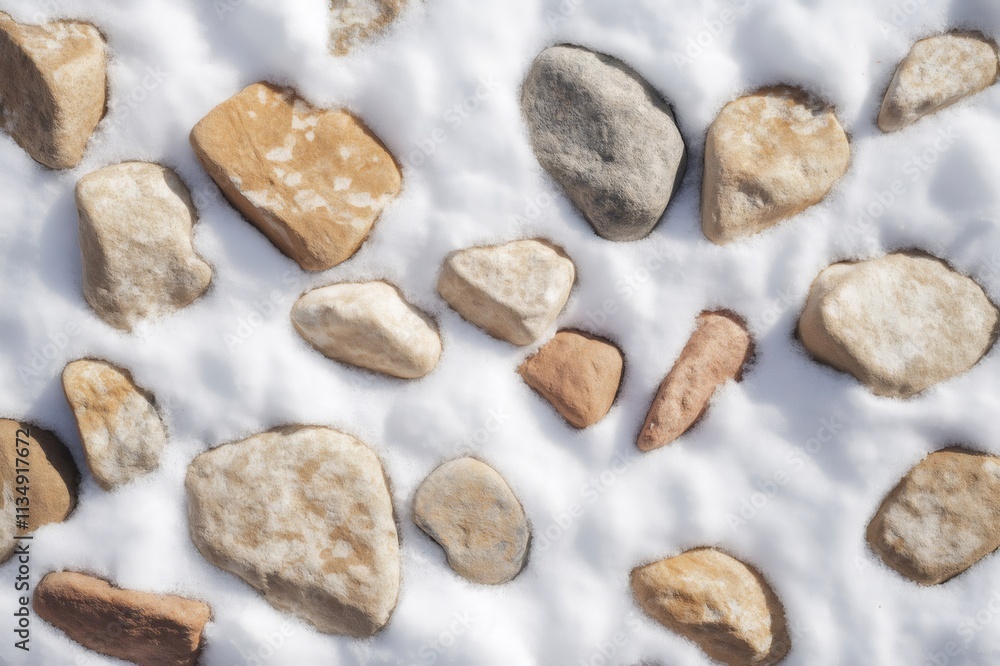 Poster ground covered with fresh snow is showing colorful small rocks, creating a beautiful natural pattern