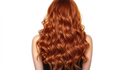 Fototapeta premium Back view of a young woman with long wavy red hair wearing a dress against a clean white background studio setting for fashion imagery.