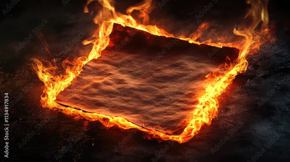 Poster flame engulfing a sheet of paper creating a glowing edge on a dark, textured background showcasing f