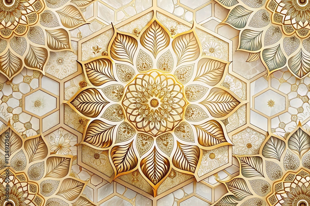 Poster elegant minimalist pattern of golden mandalas and floral elements within hexagonal shapes for sophis