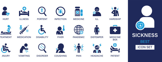 Sickness icon set collection. Illness, portent, infection, medicine, disability, pandemic, patient, injury, pain, fiver, coughing and best solid icon set.
