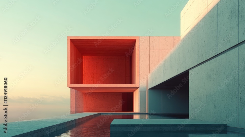 Poster modern architectural design featuring abstract geometric shapes and serene reflections in a tranquil