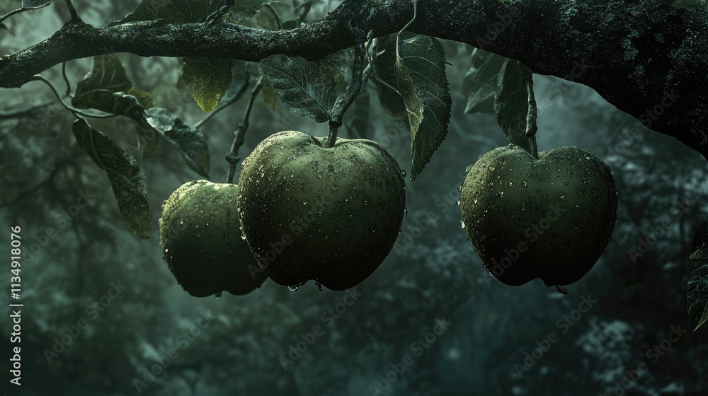 Aufkleber three dew-covered green apples hanging from a tree branch amidst a misty forest setting.