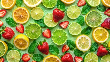 A vibrant mix of fresh citrus fruit and ripe strawberries, scattered on a bright green background, creates a visually appealing and summery scene.