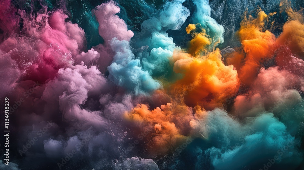Poster colorful smoke clouds swirling in vibrant hues against a dark background creating an artistic and dy