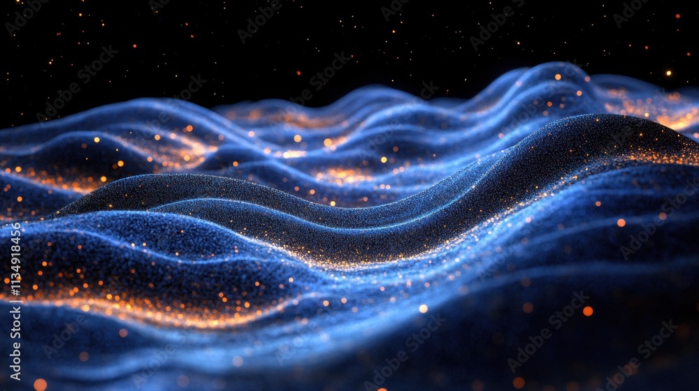 Poster glimmers of energy dance through the cosmic waves in this mesmerizing abstract visualization of the 