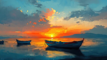 Fototapeta premium Tranquil sunrise over a bay with moored boats reflecting vibrant colors in calm waters
