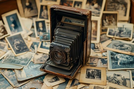 A close-up of a vintage camera surrounded by old photographs